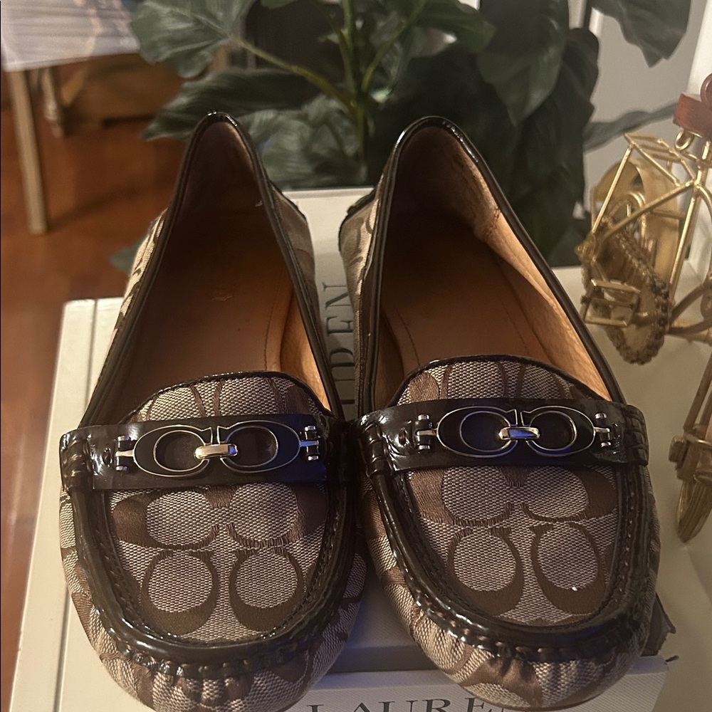 Coach Brown Signature Canvas Loafers with Dark Brown Patent Trim